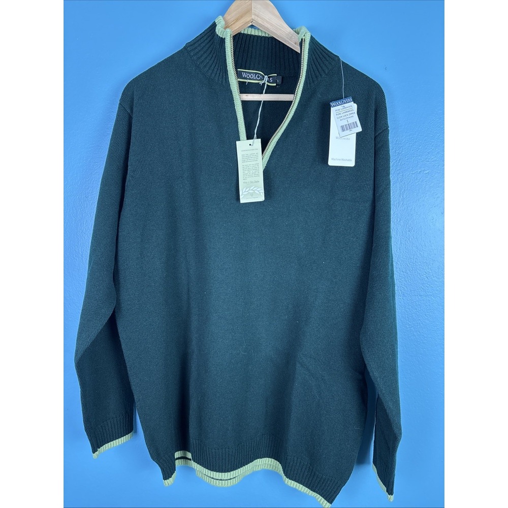 Woolovers Sweater Mens Large Green 100% Wool Quarter Zip Long Sleeve Mock Neck